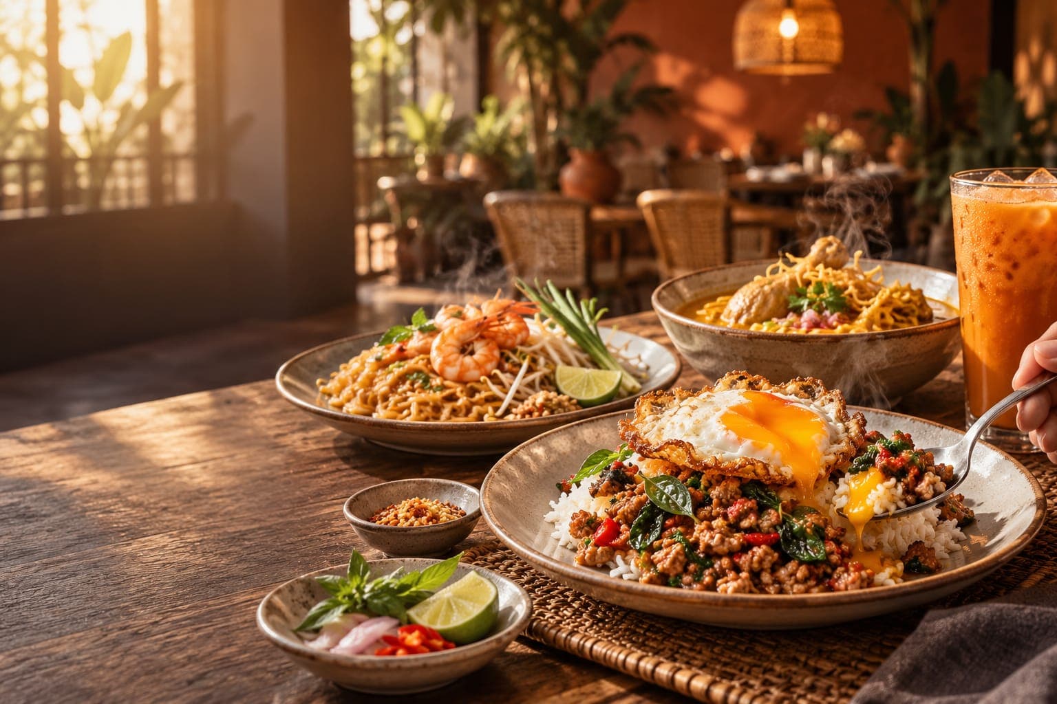 โต๊ะอาหารยามเย็นที่ร้านกินดี มีข้าวกะเพราไข่ดาวกรอบ ผัดไทย ข้าวซอย และชาไทยเย็น ไอร้อนลอยขึ้นจากจาน