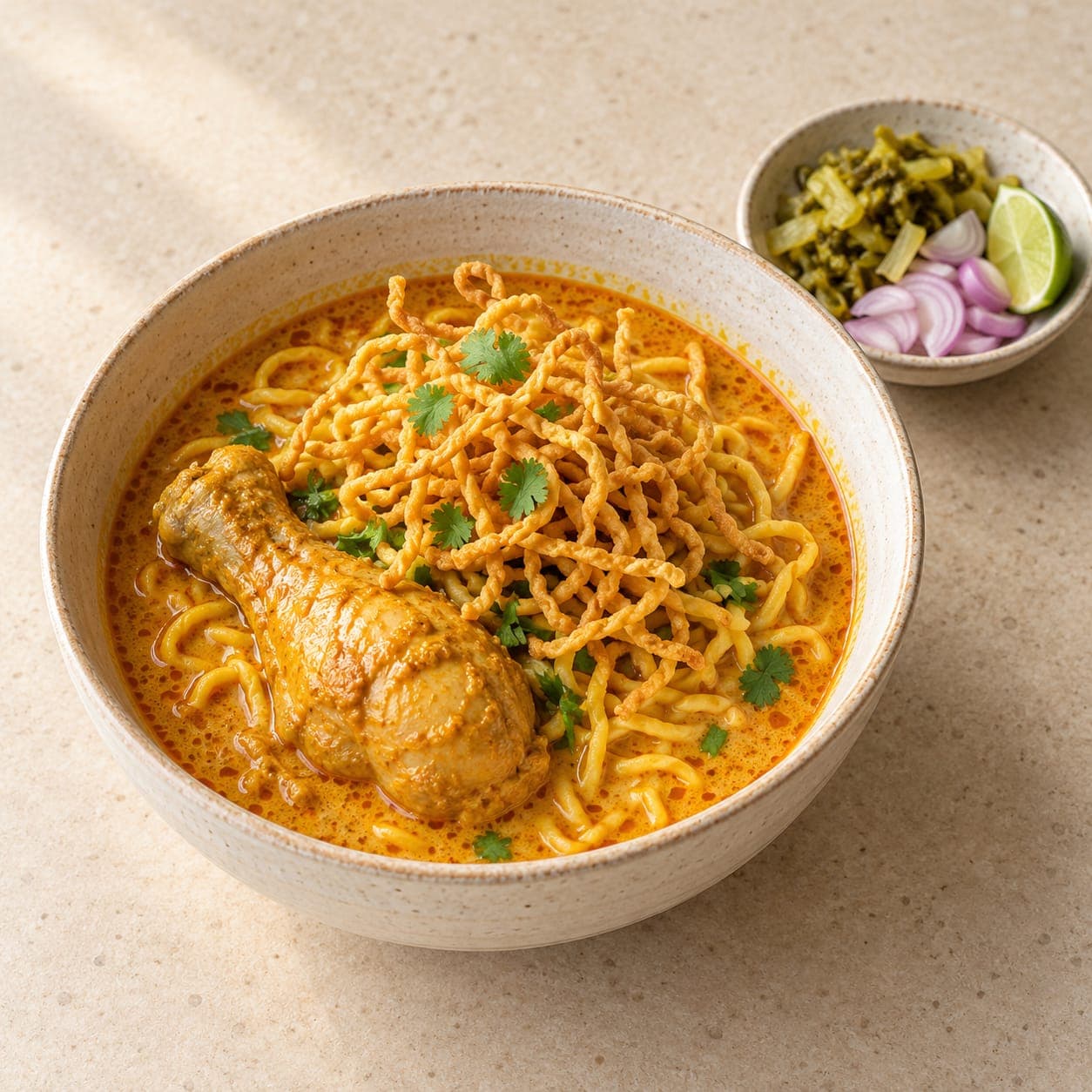 ข้าวซอยน้ำแกงกะทิสีส้มในชามลึกสีครีม มีน่องไก่ตุ๋นหนึ่งชิ้น เส้นบะหมี่ไข่ และหมี่กรอบโรยด้านบน มีผักกาดดอง หอมแดง และมะนาวในจานเล็กข้างชาม